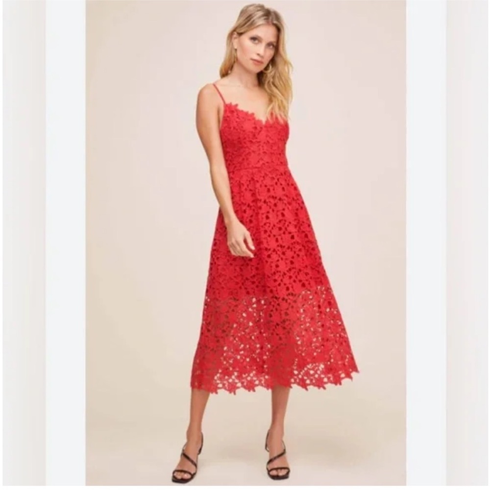 Astr Red Floral Lace Midi Dress with Spaghetti Straps